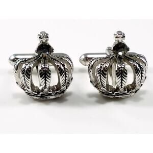 Vintage Crown Cuff Links, Silver Tone with Clear Rhinestones, Sparkling Gift
